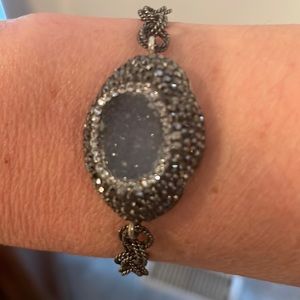 Blue Quarts druzy toggle clasp bracelet 8” quartz stone blue crystals Swarovski